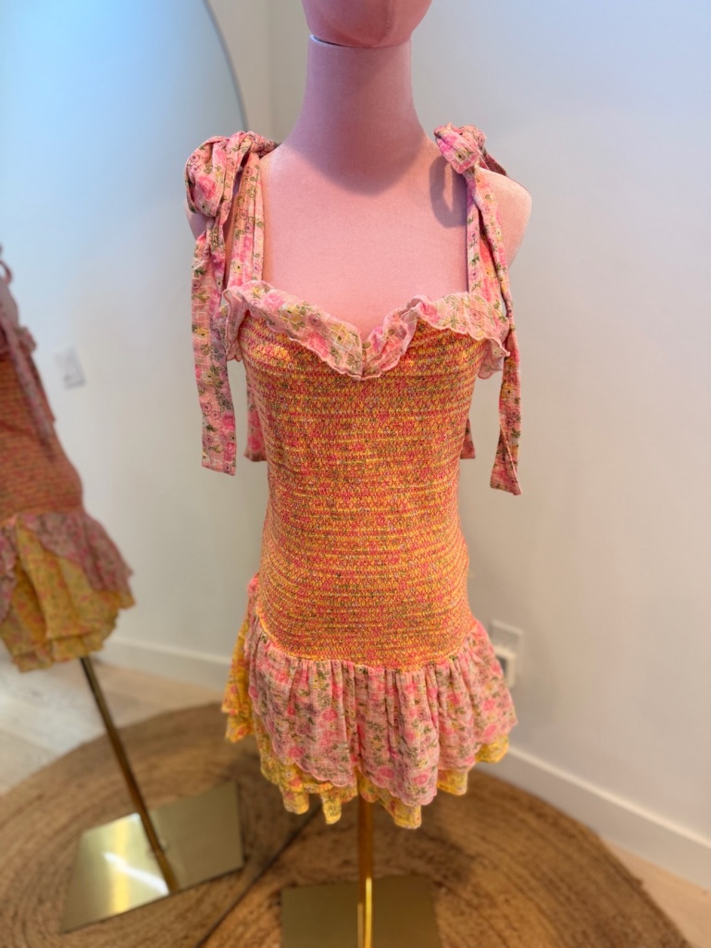 LoveShackFancy Pink & Yellow Smocked Floral Aya Dress